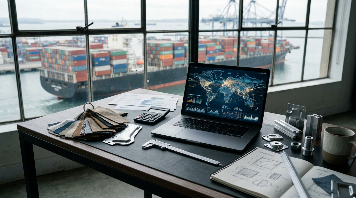 B2B procurement desk comparing Chinese wholesale marketplaces with container port in background